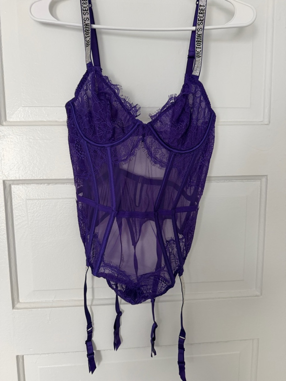 Victoria's Secret Purple Sheer Lace Bustier Bodysuit with Branded Straps